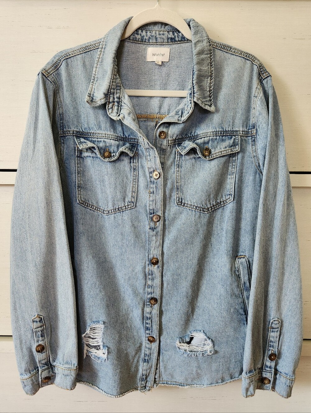 Wishlist Apparel light-wash Blue Distressed Cotton Denim Shacket Size Large
